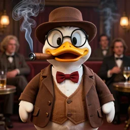 chubby cartoon duck detective smoking cigar in 1 9 2 0's prohibition era attire. depth of field, zeiss lens, detailed, asymmetrical, centered, fashion photoshoot, by annie leibovitz and steve mccurry, david lazar, jimmy nelsson, breathtaking, 8 k resolution, extremely detailed, beautiful, establishing shot, artistic, hyperrealistic, beautiful face, octane render, anthropomorphic in a speakeasy