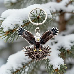 realistic keychain of an eagle in the nest of a snowy pine tree