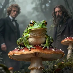 a frog sitting on mushroom, full body shot, matte painting, glorious, unsettling, misty, by lovecraft and greg rutkowski, luis royo and wayne barlowe, artstation