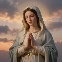photo of a faint virgin mary portrait blending cloudy sunset sky