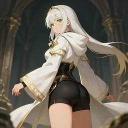 Pretty Female cleric, black shorts, white robes, golden accents, green eyes, extremely detailed face!, young, 2 arms and 2 legs!, shaped derriere, looking from side and bottom!, high fantasy, by Albert Aublet, Krenz Cushart, WLOP, Sakimichan