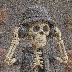 Skeleton wearing bucket hat and listening to hip hop in claymation