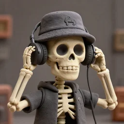 Skeleton wearing bucket hat and listening to hip hop in claymation