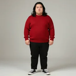 Chubby clean-shaven white male in his 30's with plump face and long black hair, wearing a red wool sweater, black slacks, and black and white chuck taylors