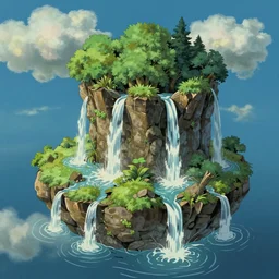 a small crumbling island in space with waterfalls, studio ghibli, digital art, detailed, depth of field