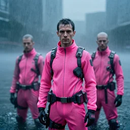 cinestill hasselblad candid photographic portrait by robert capas of cyberpunks wearing rugged neon pink mesh techwear in treacherous waters, wideangle, motion blur, modern cyberpunk moody depressing cinematic, pouring rain, 8 k, hd, high resolution, 3 5 mm, f / 3 2, ultra realistic faces, ex machina