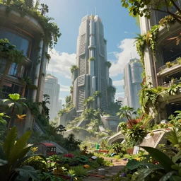 futuristic cityscape in ruin, overgrown with plants and trees, by ivan aivazovsky and jean giraud, coherent, hyper realism, high detail, vivid colors, octane render, unreal engine, 8 k, smooth gradients, high contrast, depth of field by jacek yerka