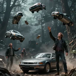 cars being juggled in the air, comic book cover art, in the style of todd mcfarlane and jack kirby, with a haunting background, digital photography, photorealistic, realistic, extreme detail