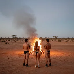 atmospheric photograph of three fully clothed ravers, two men, one woman, seen from behind, talking around a fire, dancefloor kismet, diverse costumes, clean composition, desert transition area, bonfire, night, australian desert, xf iq 4, symmetry, sony a 7 r, 1 5 0 mp, 5 0 mm