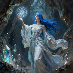 blue haired female god casting a spell using sigils, flowing robes, cave with glowing crystals, fantasy, dramatic lighting, detailed painting, 8 k,