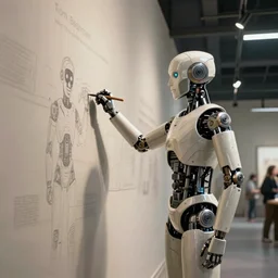 a stunning ultra detailed fantasy fine art photo of a robot artist drawing on a wall, by tom bagshaw, wlop and artgerm, robot from ex machina movie, wide angle, golden ratio composition, deep depth of field, cyberpunk, soft lighting, artstation, 8 k