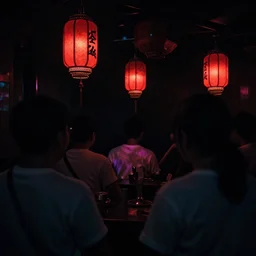 a tiny dark black night club with a few red chinese lanterns, people's silhouettes close up, wearing white t - shirts that glow in the dark, surrealism