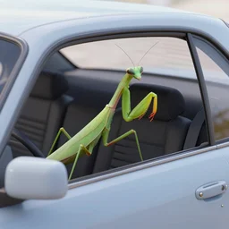 praying mantis driving a car, cinema 4 d render, 4 k, detailed, clear look, shadows