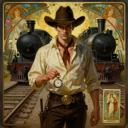 a dramatic ethereal epic symmetrical painting of a handsome villainous cowboy standing in front of railroad tracks with a train locomotive | his shirt is unbuttoned and he has a pocketwatch | tarot card, art deco, art nouveau, (steampunk), homoerotic | by Mark Maggiori and Alphonse Mucha | trending on artstation