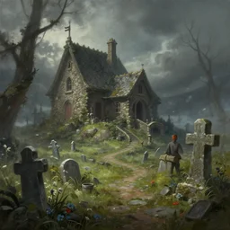 a fantasy graveyard, by justin gerard and greg rutkowski, digital art, realistic painting, fantasy, very detailed, trending on artstation