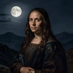 A wanderer on a mountain, night, moon, dramatic light, Chiaroscuro, long shadows, dark, classic portrait, high detail, detailed, illustration by Rembrandt