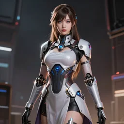 a hyper real comic book style portait painting of a beautiful woman with a futuristic electronical funcional dress, unreal 5, hyperrealistic, octane render, cosplay, rpg portrait, dynamic lighting