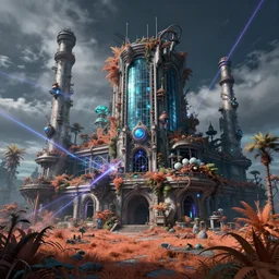 a beautiful very detailed rendering of building industrial architecture abandoned palace by thomas cole, synthwave infrared fantasy hyperrealism junglepunk extraterrestial laser dramatic lighting retrowave cloudy night meadow dieselpunk assassin's creed anime futuristic made of glass studio ghibli, archdaily, wallpaper, highly detailed, trending on artstation.