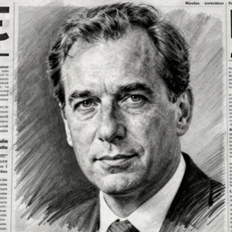 identikit drawing of nicolas sarkozy in the newspaper, low detail, low face b & w