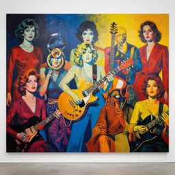 mural painting about women and music, Andy Warhol style, Les Edwards, Zdzislaw Beksinski, Carl Gustav Carus, John Harris, Michal Karcz, Zhang Kechun, Mikko Lagerstedt, Scott Listfield, Steven Outram, Jessica Rossier.