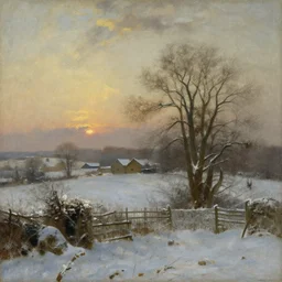 rural winter scene by jmw turner, evening light, oil on canvas