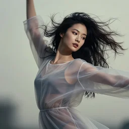 portrait of a beautiful woman with her translucent dress blowing in the wind, modern dancing, highly detailed, by john william waterhouse, victo ngai, surreal, dramatic lighting, close up