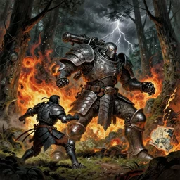 composition gothic and futuristic in forest, action with run and fight, warhammer, cyber japan style armor, more scars, fire storm, thunderstorm, the middle ages, highly detailed, artstation, moebius, jugendstil and classic japanese print, art rene magritte and robert mccall