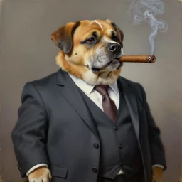 anthropomorphic fat dog wearing a suit and smoking a cigar, oil painting, masterpiece, very detailed, realistic