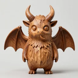 a furby with horns like a devil and batwings, wood - carving