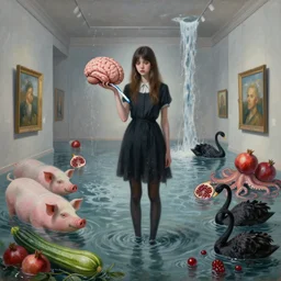painting of a flooded art gallery and a tall emo girl holding a giant brain, toothbrush, art gallery interior, pigs, courgette, waterfall, pomegranates, octopus, zen, black swans, berries, surrealist, by magritte and monet