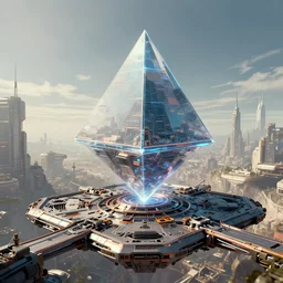 concept art of levetating see through pyramid above a highly detailed mechanical landing pad, futuristic city in background, by beeple, artstation, CG society, blue skies