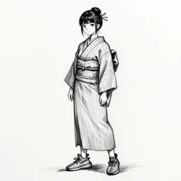 a black and white rough sketch of a girl wearing traditional clothing of a japanese miko in the harajuku style wearing yeezy 5 0 0 sneakers