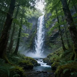 beautiful ethereal magical forest with a fjord waterfall , highly detailed, 4k, HDR, award-winning, octane render, artstation