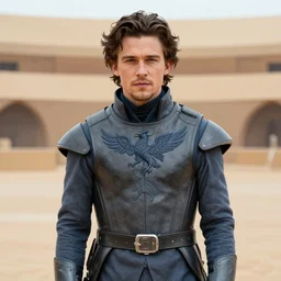 Portrait photo of adult Austin Butler with dark-hair, dressed in grey-prussian blue Tudoresque-Gigeresque garb, and griffin-embroidered nanocarbon-vest, in an arena in Dune 2021, XF IQ4, f/1.4, ISO 200, 1/160s, 8K