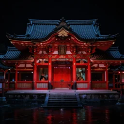 Malevolent Shrine, Colorful Digital Photography, Surrounded by Black Water, Dark, Red Shrine, Traditional Shrine, Intricate Detail, ELS, Extreme Long Shot, ISO 100, Horror
