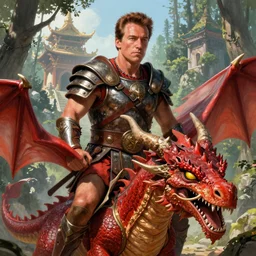 panoramic photo of arnold schwarzenegger as conan the destroyer, mounted on a red dragon with yellow eyes, wearing ancient barbarian armor, sharp focus on ultra detailed face, hyper realistic, forest temple in the background, digital painting, box art illustration trending pixiv fanbox by wlop and greg rutkowski and caravaggio and rosa bonheur and william harnett and boris vallejo