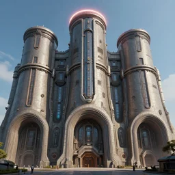 3 d sculpt of massive town hall arch ways building cylindrical beveled architecture, massive pipeline with layered complex cyberpunk'scifi digital movie camera'' power station'complex industrial military building facade, halo, star wars, ilm, star citizen halo, mass effect, high tech industrial, doom eternal, artstation unreal