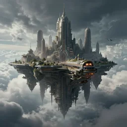 city floating city on clouds, by wayne barlowe, peter mohrbacher, kelly mckernan, epic scene, 4 k, dark fantasy, environment, unreal engine 5, detailed
