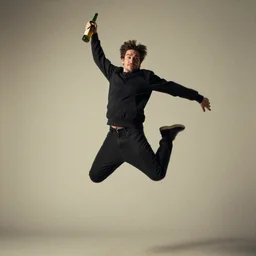 portrait of a man jumping while holding a bottle by album cover, UHD, 4K, 8K