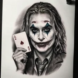 tattoo design sketch of beautiful margot robbie with joker makeup and holding an ace card, in the style of den yakovlev, realistic face, black and white, realism tattoo, hyper realistic, highly detailed