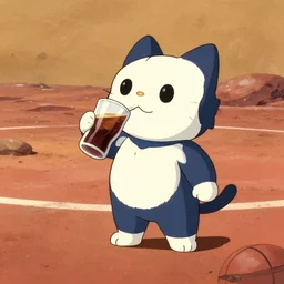space cat drinking cola while standing on basketball court on mars in style of hayao miyazaki