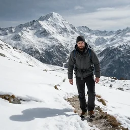 a bearded young man hiking in the tyrolian mountains, south tyrol, hellscape, apocalypse