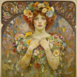 a realistic oil painting of a girl resembling lily cole, covered in tons of flowers, highly detailed, intricate, detailed background, fairytale, artstation, by mucha, by william adolphe bouguereau, by waterhouse