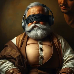 highly detailed potrait srilankan politician with big belly and headphone and blindfolded eyes with cloths in baroque style, painting by james jean, mullins, j. c. leyendecker, lights, art by ernst haeckel,