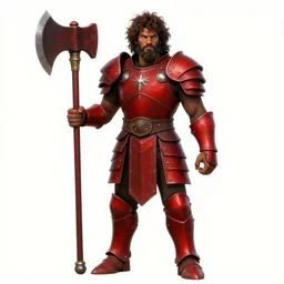 male warrior, blood red armor, giant axe, messy curly hair, unkempt beard, dark brown skin, ready to fight, realistic, smooth, sharp focus, character select portrait, by artgerm, greg rutkowski, alphonse mucha, 3 d
