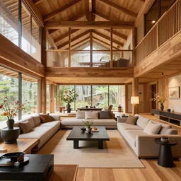 full interior view photo of a luxurious wooden cottage, modern furnished japanese living room, japanese flower arrangements, architecture photography by alvar aalto, telephoto lens, canon rf 8 0 0 mm f / 5. 6 l