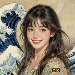 beautiful young heroine portrait like twice tzuyu+happy+smoky eyes+front face with light flowing hair smiling, ultradetail face by tian zi and WLOP and alphonse mucha,  great wave of hokusai, illustration, fantasy, acryllic spill, intricate complexity, chinese, goddess, holy, divine, rule of thirds, fantasy character concept,  watermark, blurry, 8k