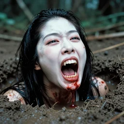 1 9 7 0 s movie still close - up of a bloody white japanese female ghost yelling jaw going out of mud puddle, huge sharp teeth, swamp backround, cinestill 8 0 0 t 3 5 mm eastmancolor, heavy grain, high quality, noir, natural textures, photorealistic, ambient occlusion, hd, ultra wide lens, anamorphic, fade color