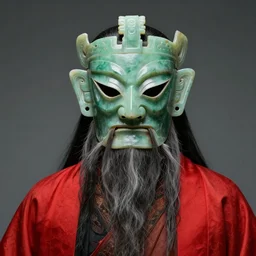 portrait of a man in ancient green jade mask of old man with beard and red mantle, fantasy, artgerm