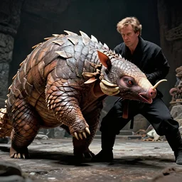 movie frame still from live action adaptation of ninja fighting a pangolin, directed by steven spielberg, 8 k, vhs glitch, ultra wide angle, high contrast, zenith view, greg rutkowski, intrincate, highly detailed, ilm, oscar winning photography, dramatic lighting, greg nicotero, beautiful image